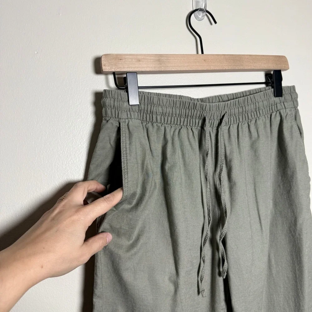 H&M Womens‎ Linen Blend Pants S Green Drawstring Cotton Vacation Resort Casual